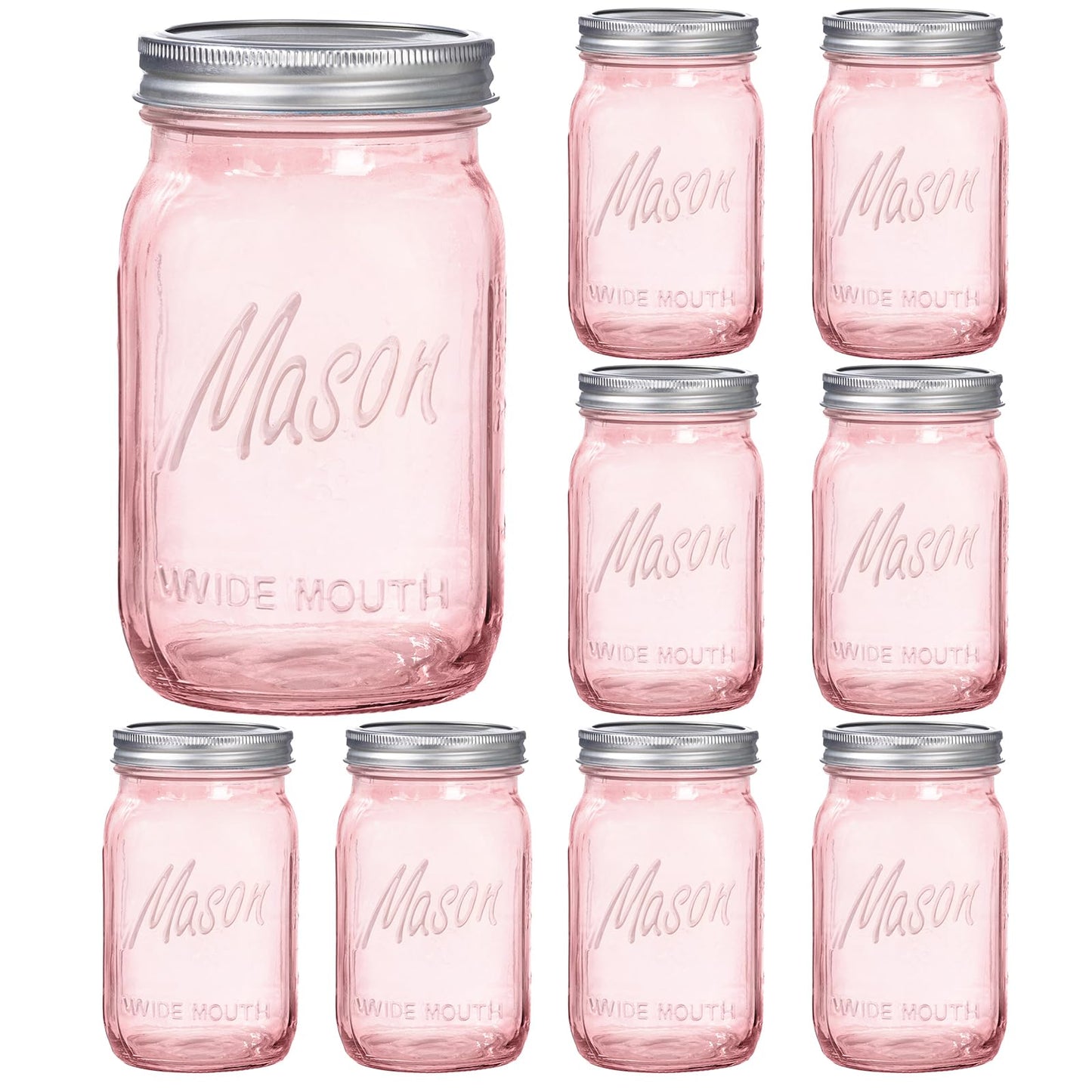 SUT Wide Mouth Mason Jars 32 oz,9 Pack Quart Mason Jars With Airtight lids and Bands,Pink Canning Jars 32 oz for Preserving,Meal Prep,Overnight Oats,Fermenting, Pickling