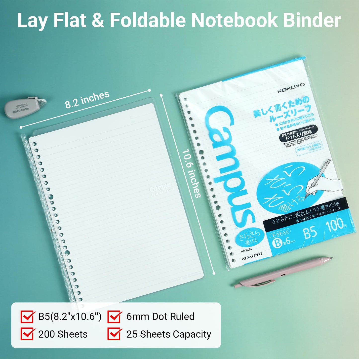 KOKUYO Campus Smart Ring Binders 8 Pack, B5 Notebooks Binder, 25 Sheets Capacity, 26 Holes Slim Binder Folder and 200 Sheets Loose-leaf Paper for Work, Study and Journal