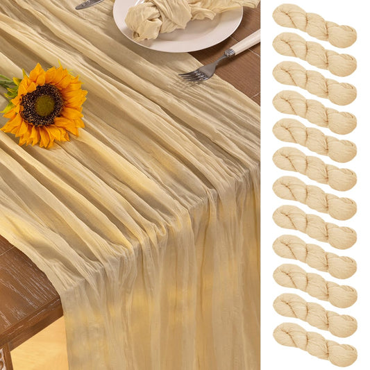DeZerlor Champagne Gold Cheesecloth Table Runner 12 Pack Summer Sheer Cheese Cloth Table Runners Boho Gauze 120 Inches Summer Table Decorations for Champagne Bridal Shower Wedding Baby Shower Parties