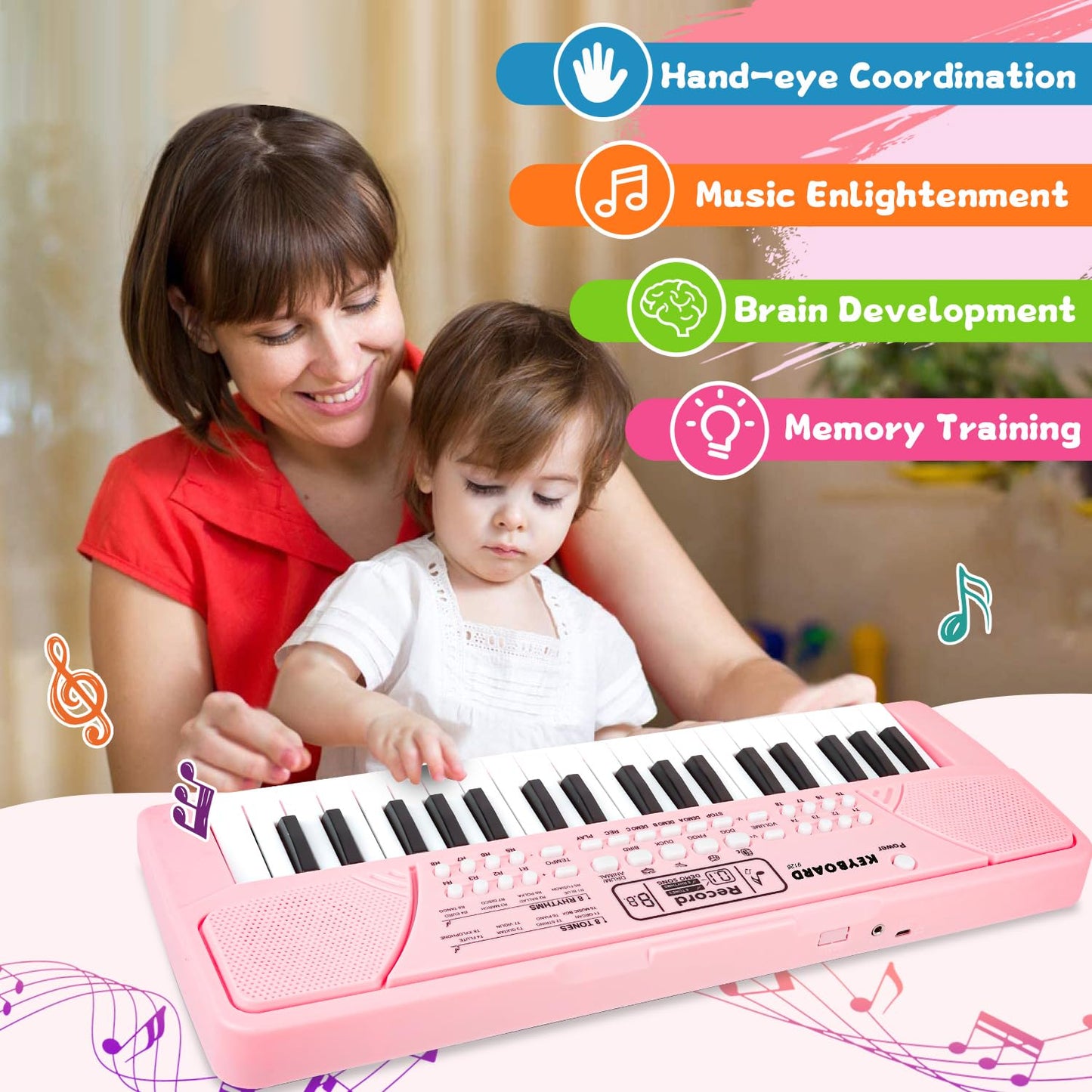 M SANMERSEN Kids Piano Keyboard with Microphone 37 Keys Portable Electronic Keyboards for Beginners Musical Toy for 3/4/5/6/7 Year Old Girls Boys, Pink