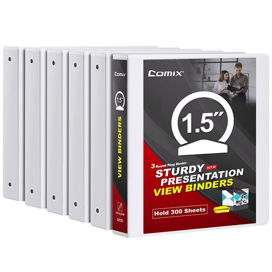 COMIX Sturdy 3 Ring Binder 1.5 inch with Clear View Cover, 1-1/2" Round Ring View Binder, PVC-Free, 300 Sheets Capacity of US Letter Size Paper, Office ＆ School Supplies, 6 Pack (White)
