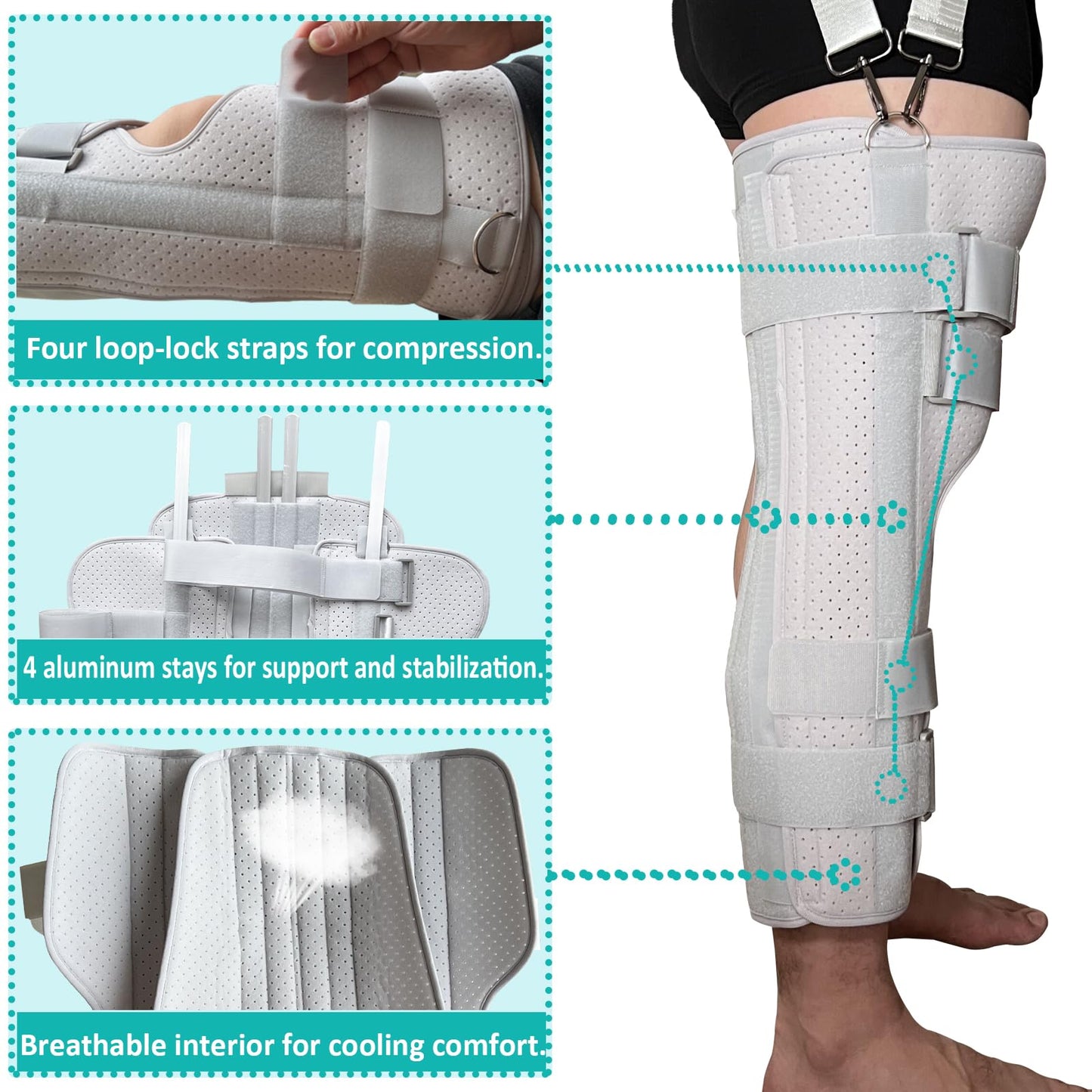 Yarifxy Three-Panel Knee Immobilizer & Knee Stabilizer - Leg Support Splint for Knee Pre-and Postoperative Injuries & Instabilities - Straight Leg Brace with Shoulder Strap to Prevent Sliding (18")