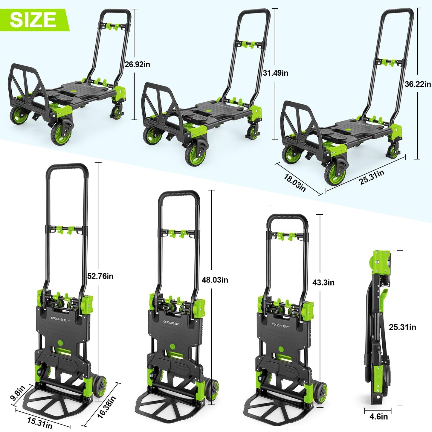 330LB Folding Hand Truck Moving Dolly, Hand Trucks Heavy Duty Combination of 4 Wheels and 2 Wheels Convertible Dolly Cart with Retractable Handle Dolly for Moving Office Carts(Green)