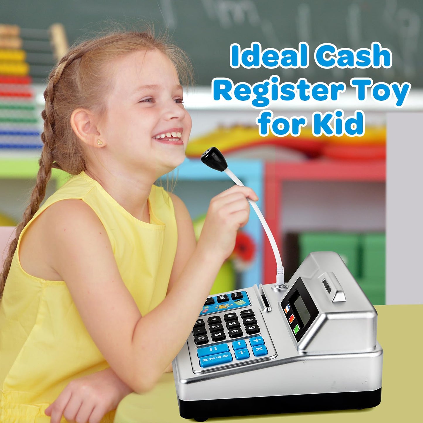 Calculator Cash Register Toy Gift for Kids Age 3, 4, 5, 6, 7, 8+ Year Old, 103 Pcs Pretend Grocery Store Playset with Toy Cash, Microphone, Credit Card, Play Cash Register for Toddlers 4-8, Silvery