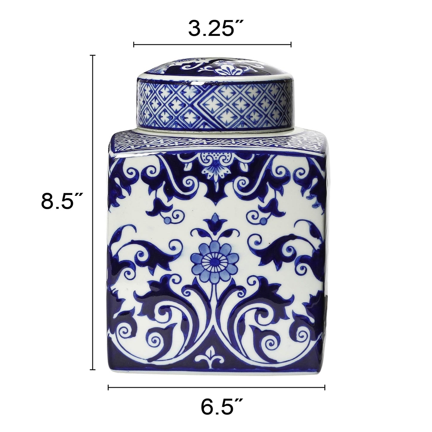 Creative Co-Op Decorative Square Ceramic Ginger Jar with Lid for Small Spaces, Blue and White