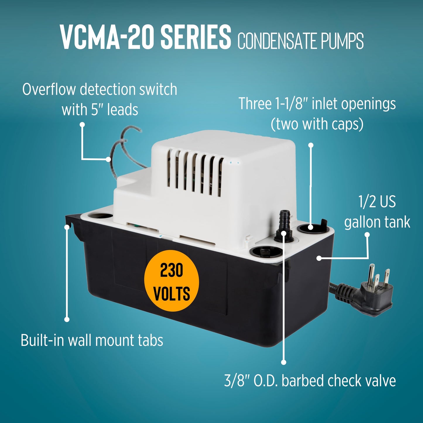 Little Giant VCMA-20ULST 230 Volt, 80 GPH, 1/30 HP Automatic Condensate Removal Pump with Safety Switch and Tubing, White/Black, 554461