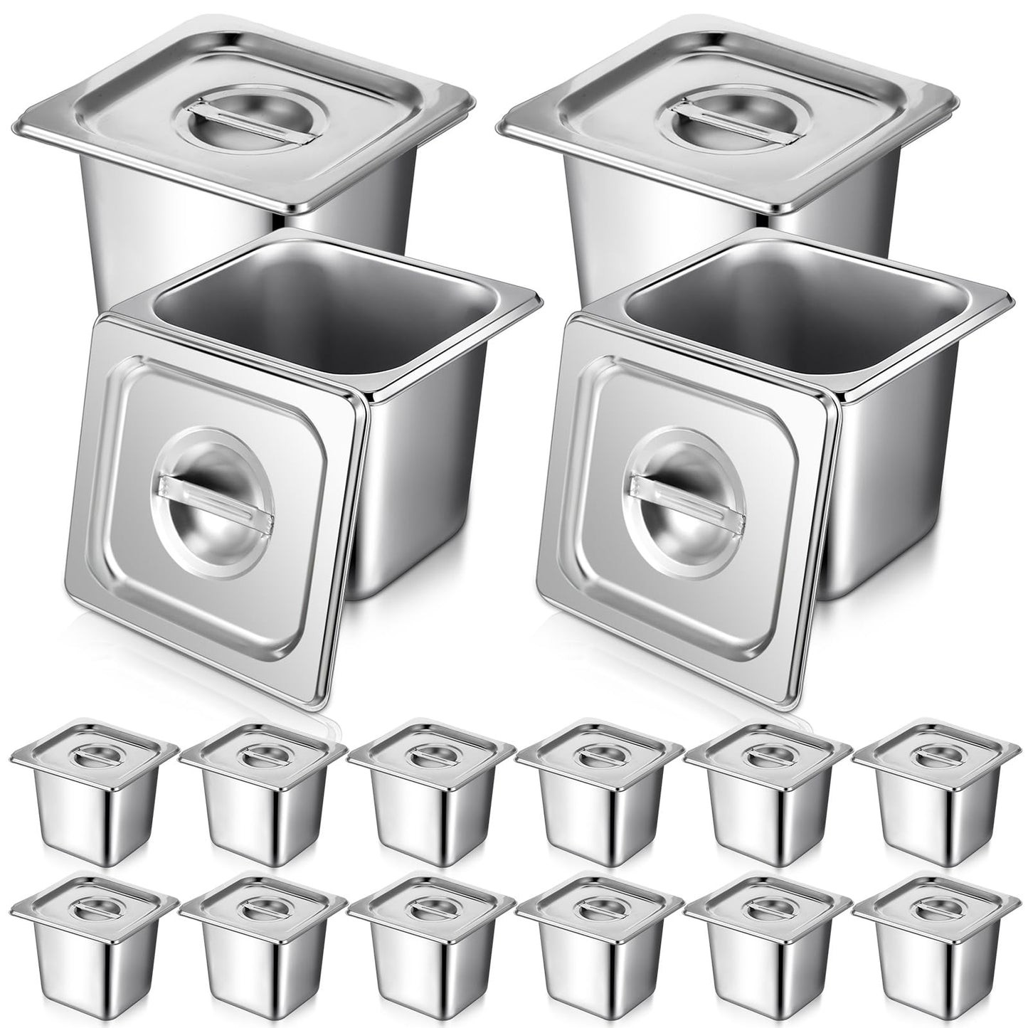 Rtteri 16 Pack 1/6 Stainless Steel Pans with Lid and 2 Tongs, 4 Spoons 6 Inch Deep Hotel Pans Catering Food Storage Containers for Commercial Steam Table Hotel Restaurant Buffet Supplies