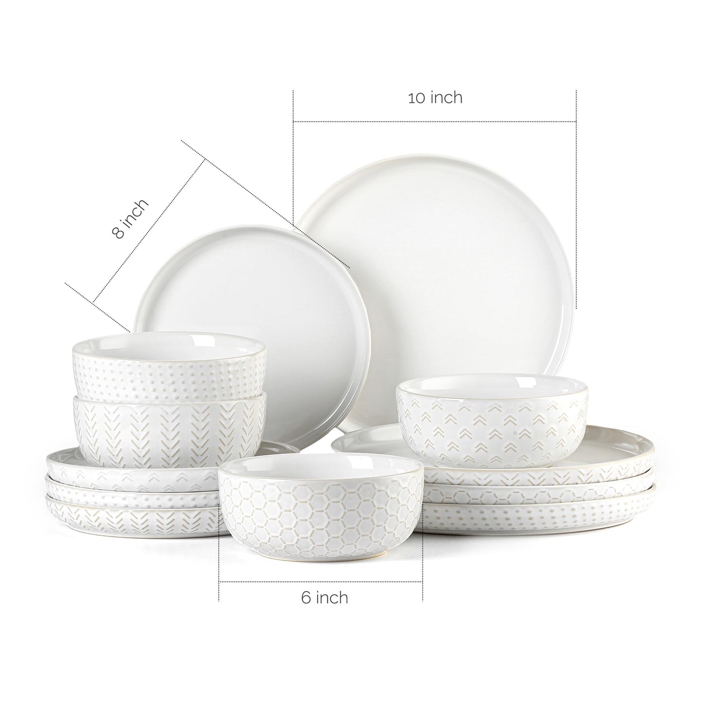 Lareina Ceramic Plates and Bowls Sets, Farmhouse Dinnerware Sets for 4, Stoneware Dish Set of 12, Scratch Resistant, Dishwasher & Microwave Safe, Vintage White