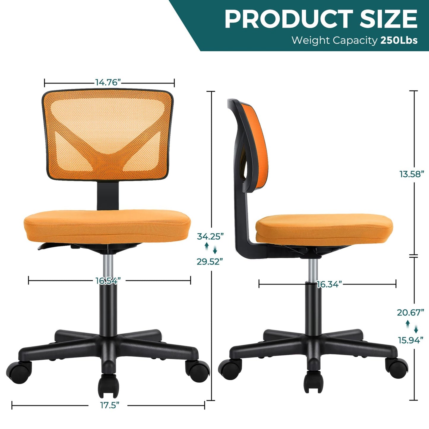DUMOS Armless Office Chairs with Wheels, Ergonomic Adjustable Home Desk Swivel Rolling Task Chair No Arms, Comfy Mesh Mid Back Computer Work Vanity Desk Chairs for Small Spaces, Orange