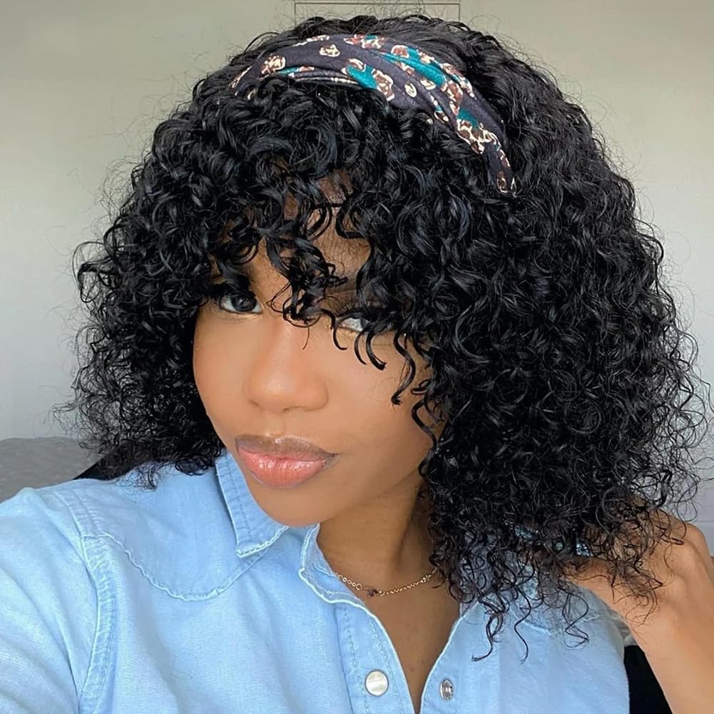 Queenset Short Curly Human Hair Wigs with Bangs Glueless Wigs for Black Women Human Hair Wear and Go Brazilian Deep Wave Curly Wigs with Bangs None Lace Front Wigs Human Hair Natural Black Color