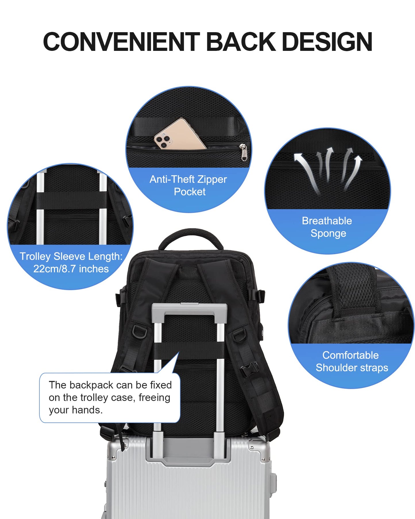 VECAVE Carry On Backpack for Women,Large Travel Backpack Flight Approved,Waterproof 17 Inch Laptop Backpack Business Work Backpacks Men Mochila De Viaje Black