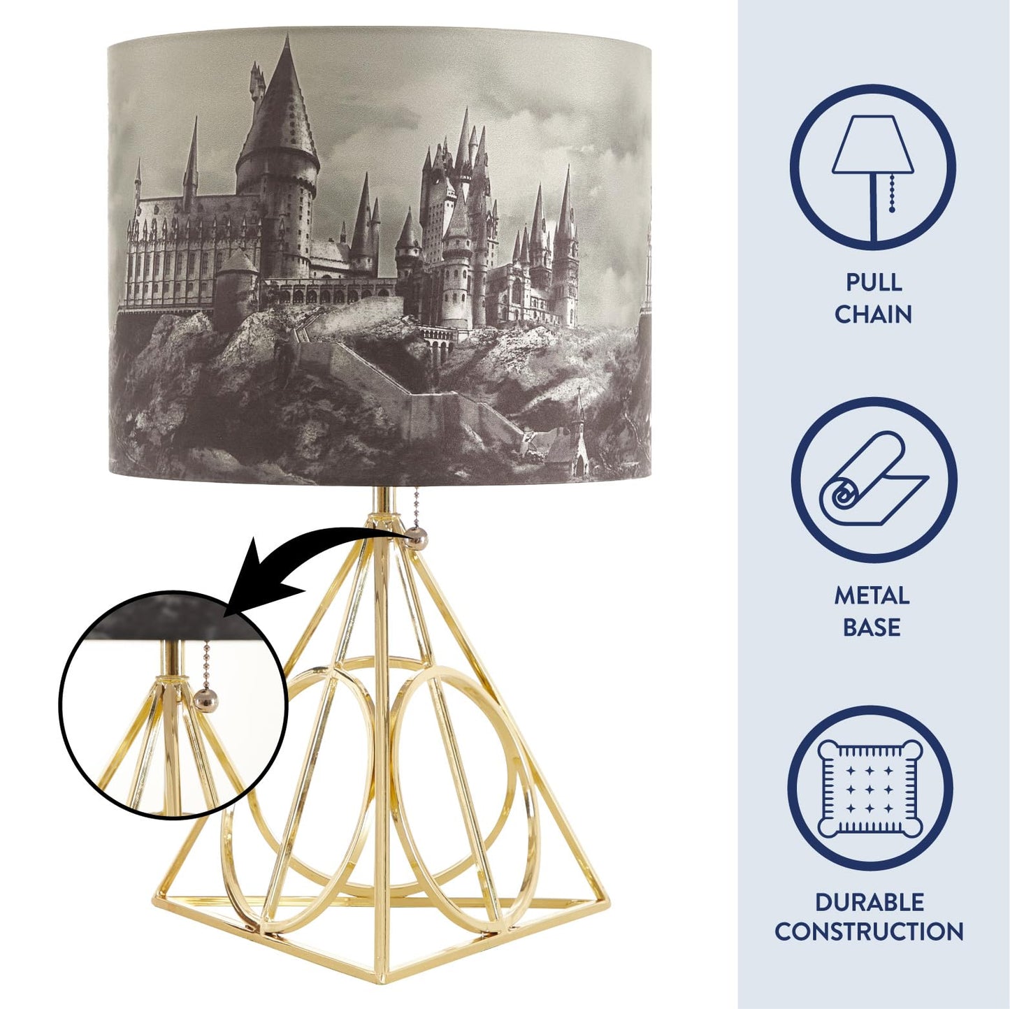 Harry Potter Figural Table Lamp – 16" Tall Gold Wire Base with Printed Hogwarts Shade, Decorative Kids Desk or Nightstand Lamp for Bedroom, Playroom, or Study Area