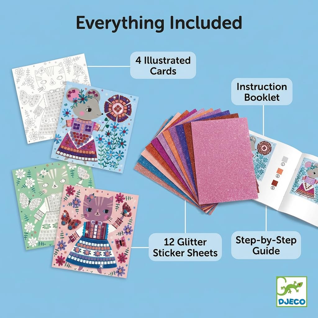 DJECO Lovely Pets Sticker Mosaic Craft Kit - Create Your Own Sparkling Pets for School or Gifts - Fun & Creative for Family & Friends, Boys & Girls, Educational Mosaic Art Craft Kit for Kids 5+