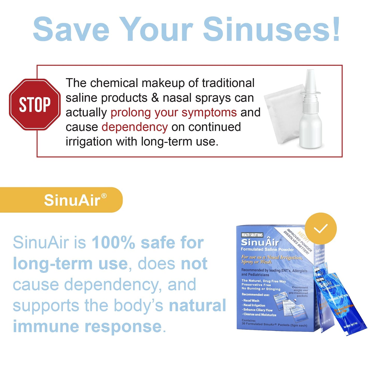 SinuAir Sinus Rinse Salt Solution - Saline Powder for SinuPulse System, Neti Pot Flush, Nasal Wash Squeeze Bottle, & Nose Irrigation, Enhanced Formulation & Cleaning for Sinuses, 180 Packets