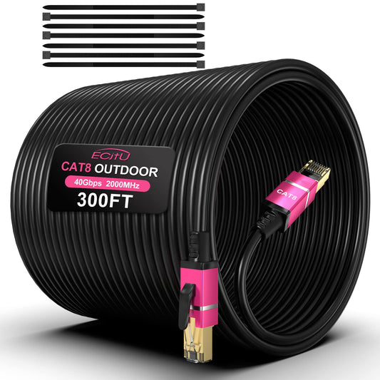 300FT Cat8 Outdoor Ethernet Cable, In-Ground, 26AWG Pure Copper Cat 8, Heavy Duty Direct Burial, LLDPE UV Jacket, Waterproof, 40Gbps 2000Mhz SFTP Patch Cord, POE, Network, Internet, with 25 Cable Ties