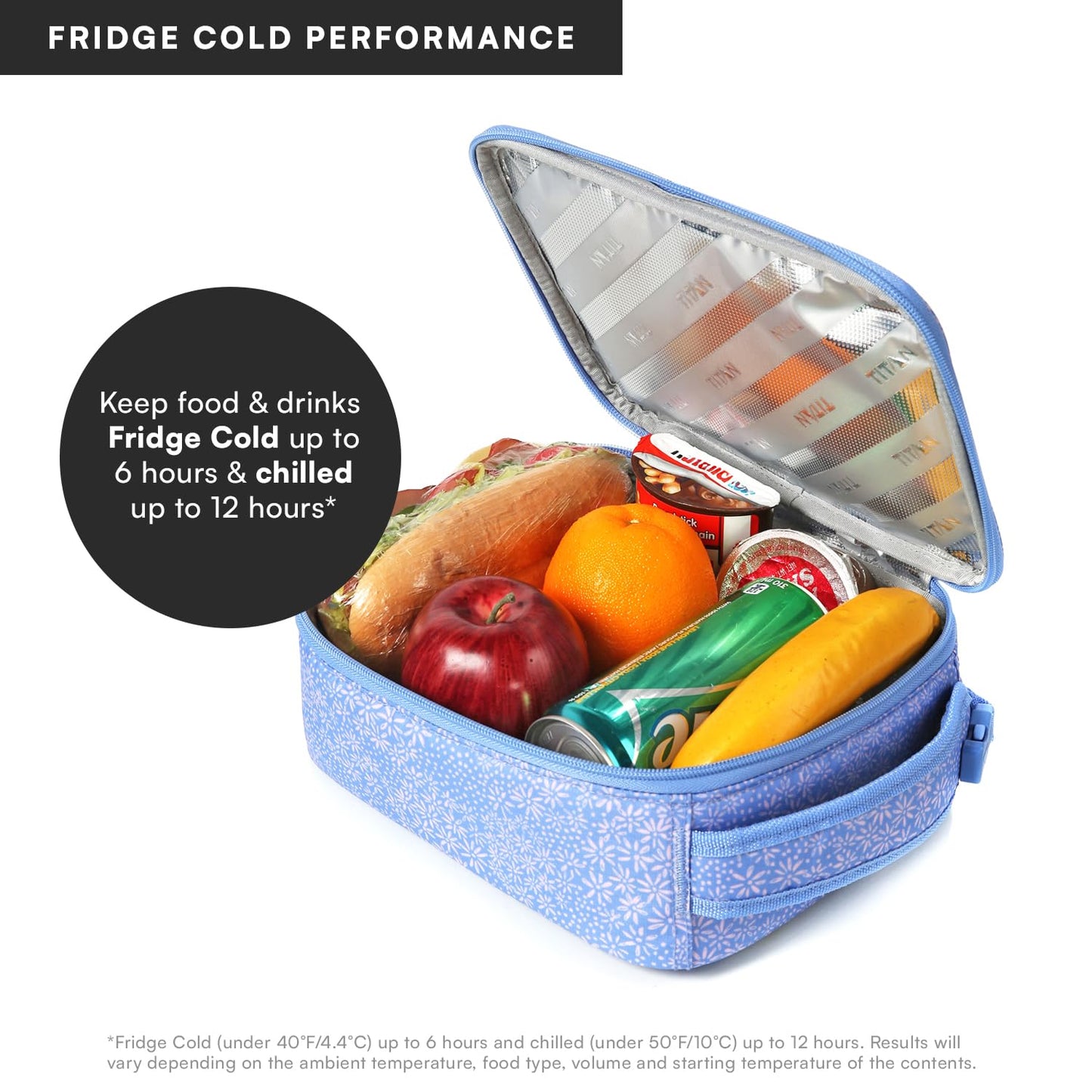 Titan by Arctic Zone Fridge Cold Lunch Box with 2 Gel Ice Packs, Small Insulated Cooler Bag with Leak Proof Lining for School and Work, Blooming Daisies