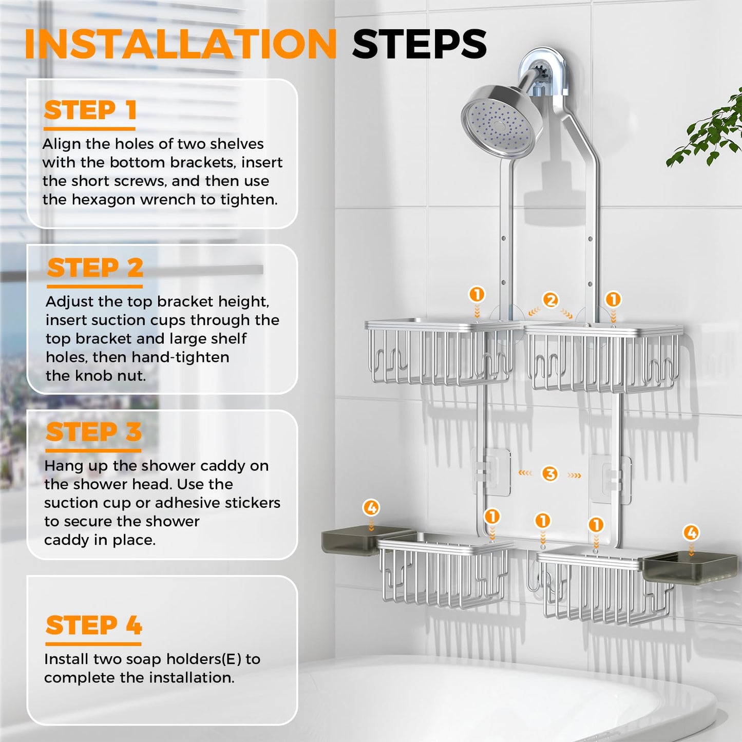 REINHARDT Aluminum Shower Caddy Hanging Adjustable Shower Caddy, Rustproof Hanging Shower Organizer with Hooks Soap Holders, Over Shower Head Caddy for Handheld Showerhead, Silver