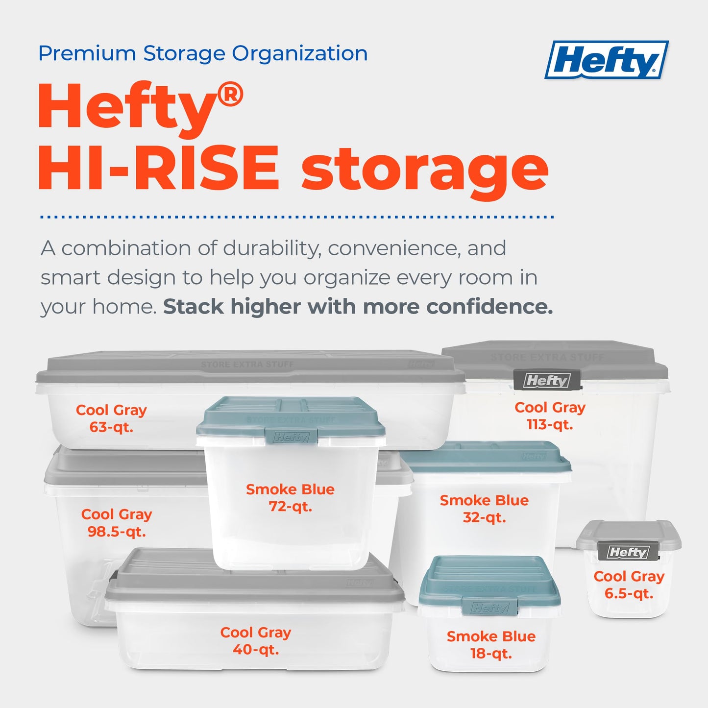 Hefty 32 Qt Hi-Rise Storage Bin with Lid, Stackable Plastic Storage Container, Organizer for Home, Garage & Closet, 6 Pack, Gray