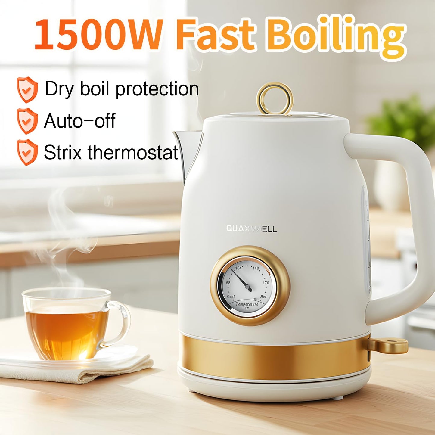 QUAXWELL Retro Electric Kettle, 1.7L 304 Stainless Steel Tea Kettle with Temperature Gauge, 1500W Fast Boiling Water Boiler,Auto Shut-Off & Boil-Dry Protection, BPA-Free, Matte White and Gold