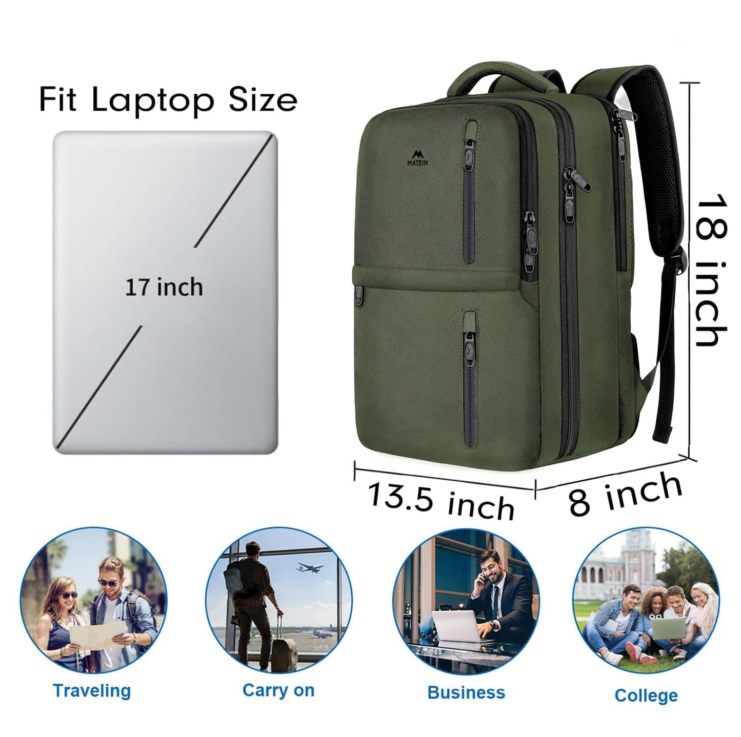 MATEIN Carry on Travel Laptop Backpack, Large Flight Approved Personal Item Travel Backpack with Shoe Compartment, Water Resistant Weekender Overnight Bag Fit 17 Inch Laptop, Green