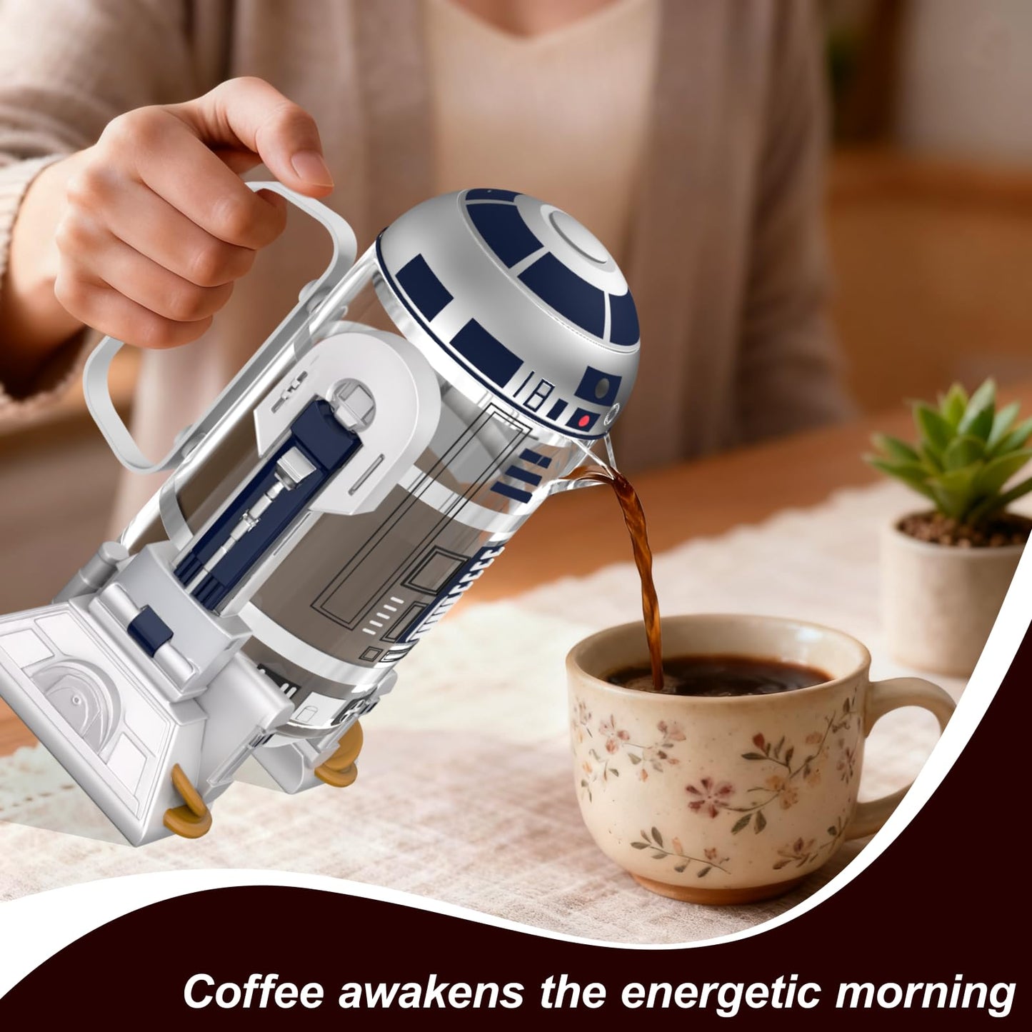 TEENKON French Press Insulated 304 Stainless Steel Coffee Maker, 32 Oz Robot R2D2 Hand Home Coffee Presser, with Filter Screen for Brew Coffee and Tea (White)