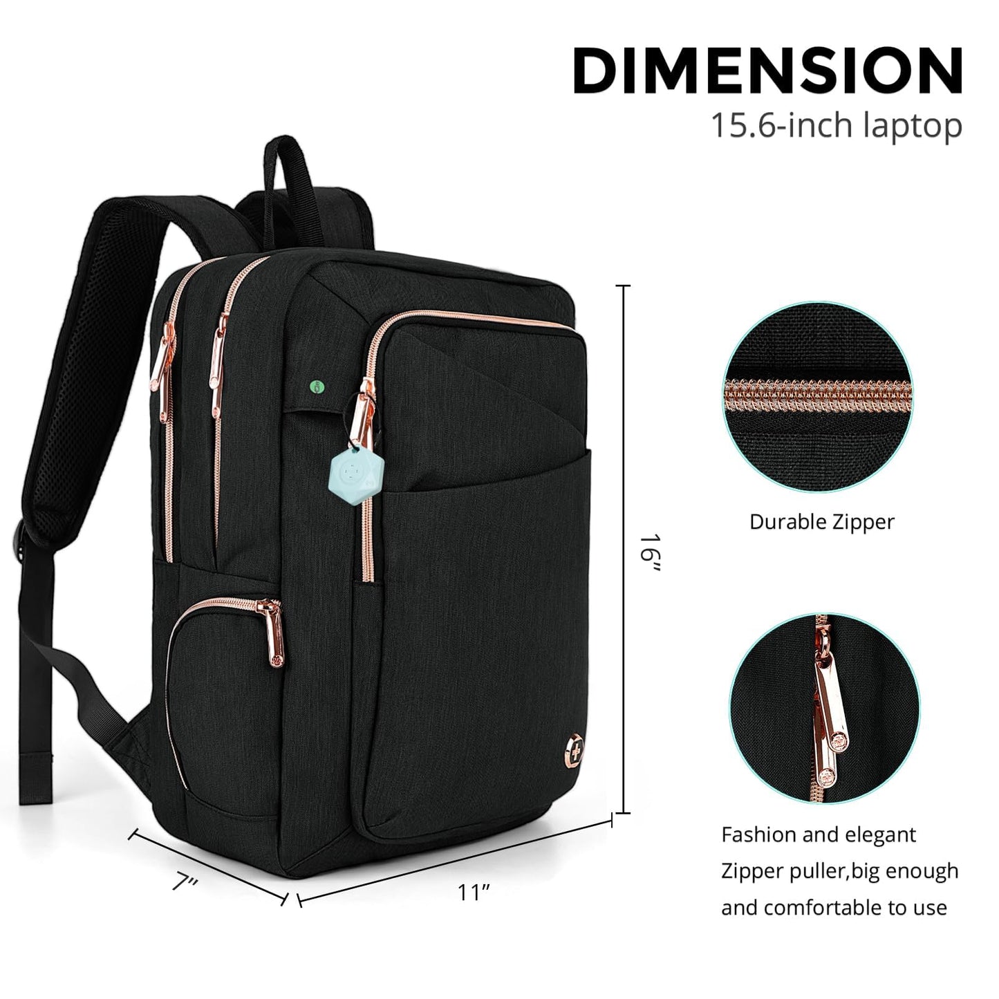 Swissdigital Design Katy Rose Backpack For Women Black with Rose Gold-Tone Zippers College Travel Laptop Backpack With Apple Find My network (KATY ROSE SD1006FB0-01) One Nation One World