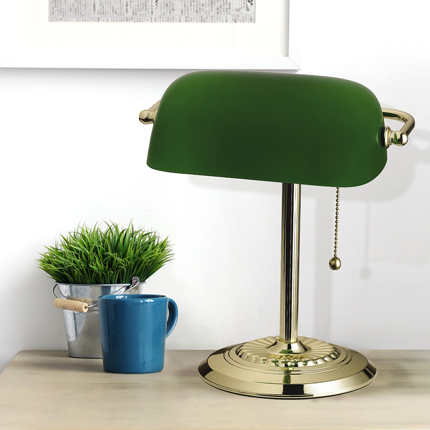 Catalina Lighting 13.5'' Traditional Banker's Lamp Light Fixture with Green Glass Cylinder Shade for Office, Library, Living Room, or Dorm, Polished Brass