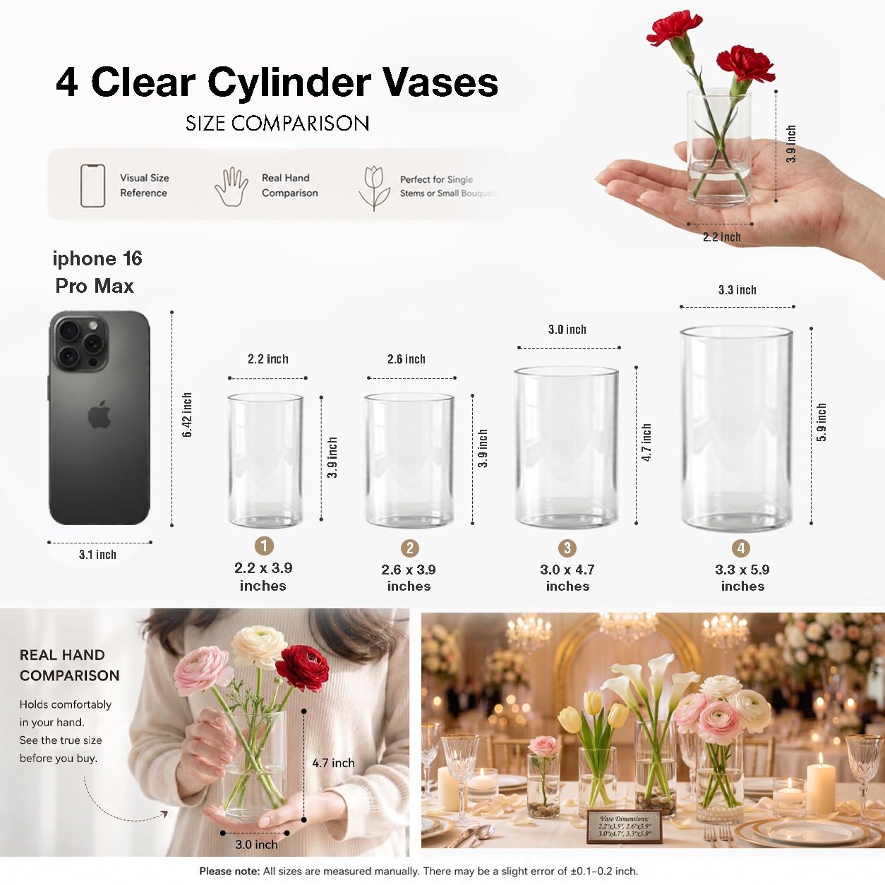 Wehomai 24pcs Glass Cylinder Vases 4,5,6 Inch for Centerpieces,Small Clear Flower Vases for Wedding Decorations and Indoor Home Decor, Hurricane Candle Holder for Table Shelf, Party