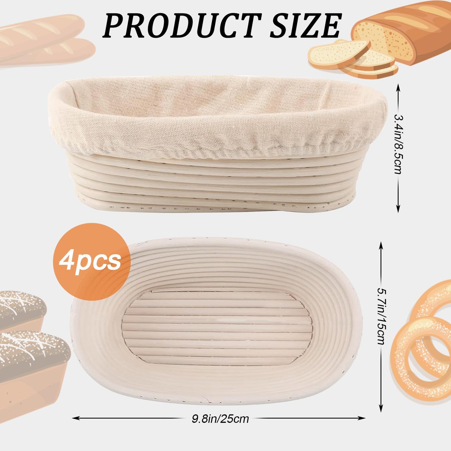 Nalcant 4 Pack Oval Banneton Proofing Basket Set 10 Inch, Natural Rattan Sourdough Bread Baskets with Linen Liners, Artisan Dough Rising Bowls for Home & Professional Bakers (10" Oval, Set of 4)