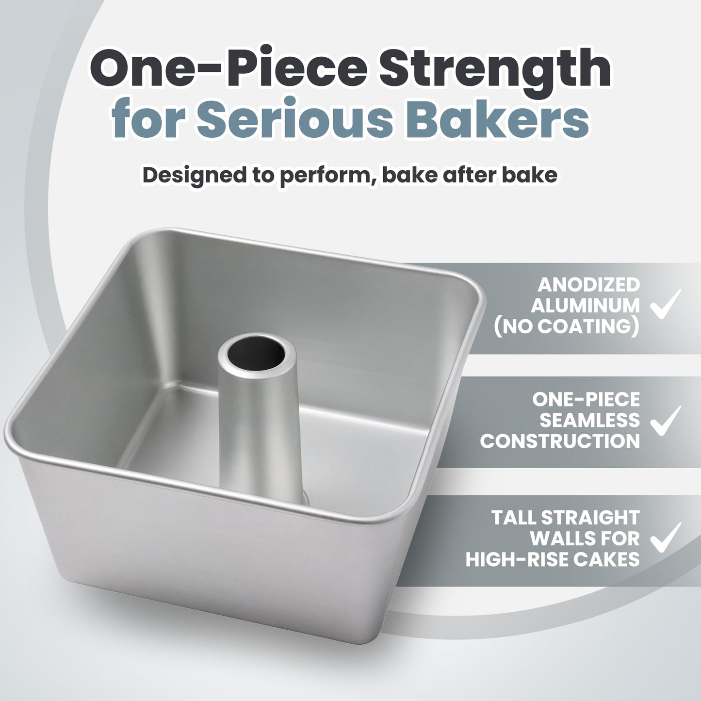 TiParthenos One-Piece Square Tube Cake Pan, 18 Cup, Anodized Aluminum, 9 x 9 x 4.5 in, Seamless Design, Easy Release, Even Heat, for Angel Food, Chiffon, Sponge, Mile High & Pound Cakes