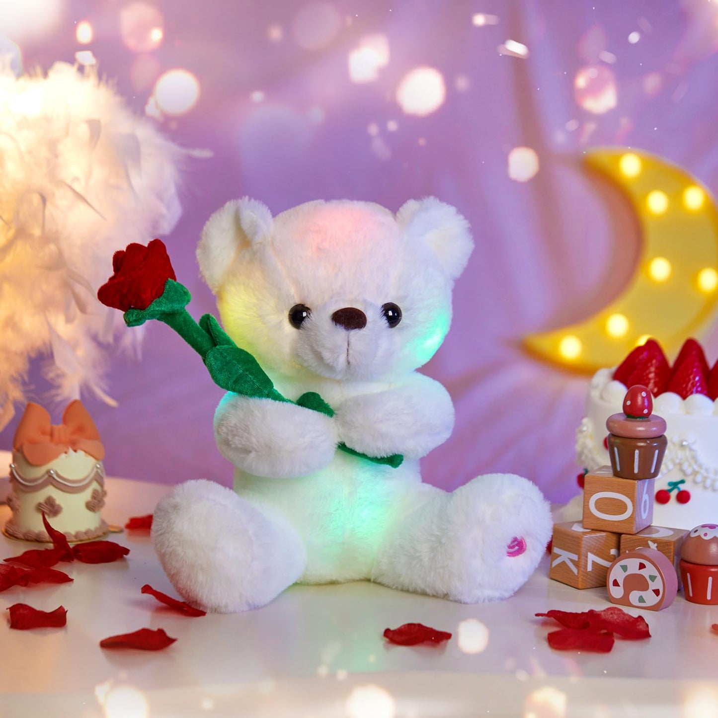 Houwsbaby Glow Teddy Bear with Rose Stuffed Animal Soft Light Up Plush Toy LED Night Lights Valentine’s Day Gifts for Kids Toddler Girlfriend Mother's Day, White, 10.5''