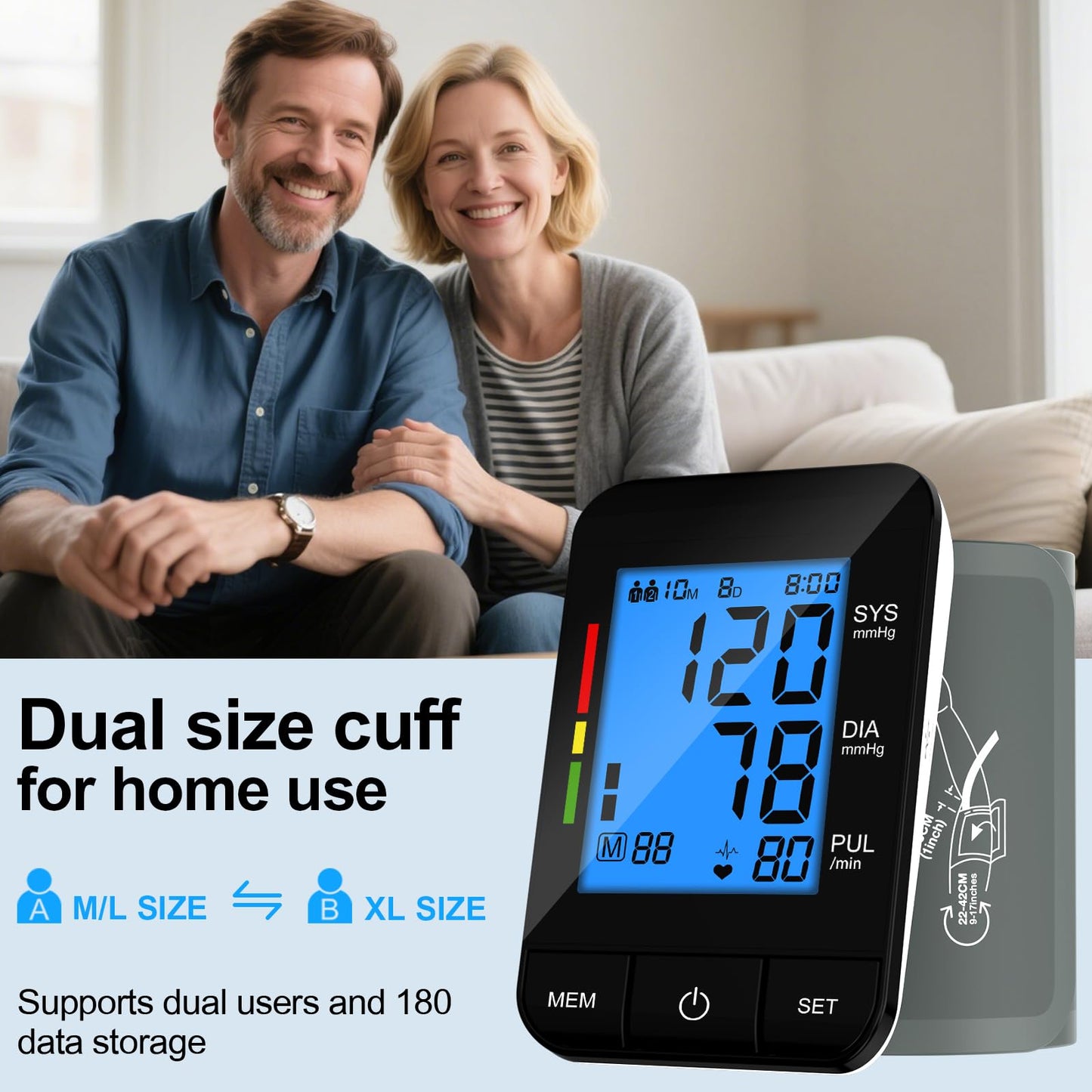 Accurate Digital BP Machine - Automatic Blood Pressure Monitor with XL Cuff (13-21") & M/L Cuff (9-17") for Big/Medium Arms, Large Backlit LCD Display, 360° Adjustable & Portable for Adults