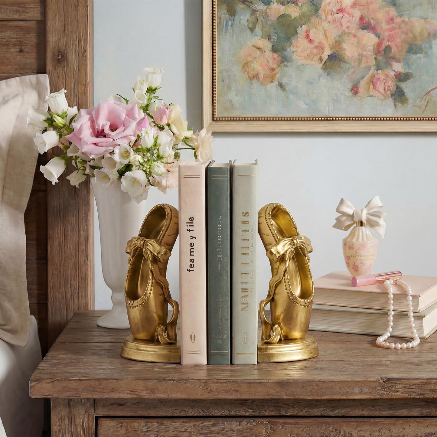 MXARLTR Bookends for Shelves, Ballet Slipper Decorative Bookends - Book Ends with Anti-Slip Pad for Book Lovers Dancers Heavy Book Holder for Home Office Decor (Gold)