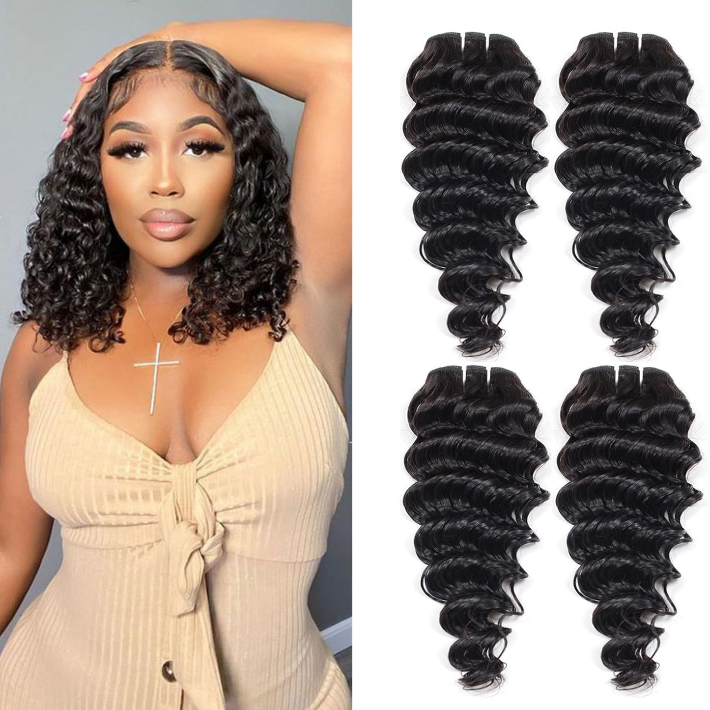 JTdebade 12 Inch Human Hair 4 Bundles Deep Wave Human Hair 100% Unprocessed Virgin Hair 12A Grade Natural Color Hair Extensions for Black Women(12'' 12'' 12'' 12'')