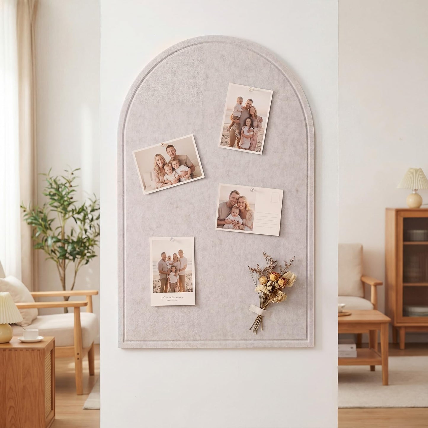 MotiMind Large Arched Felt Bulletin Board 35" x 24" Felt Pin Cork Board Alternative No-Drill Frameless Wall Tiles with 20 Gold Pins for Office Home Wall Decor Art Photo Display(Beige)