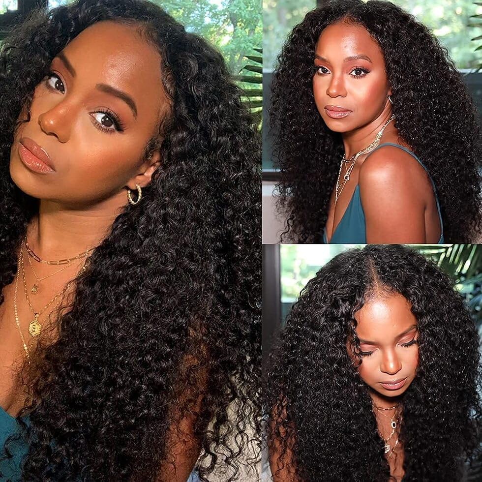 UNICE EasiContour Kinky Curly V Part Wigs Human Hair Minimal Leave Out Brazilian Glueless U Part Human Hair Wig Beginner Friendly No Sew in No Glue 150% Density 18 inches