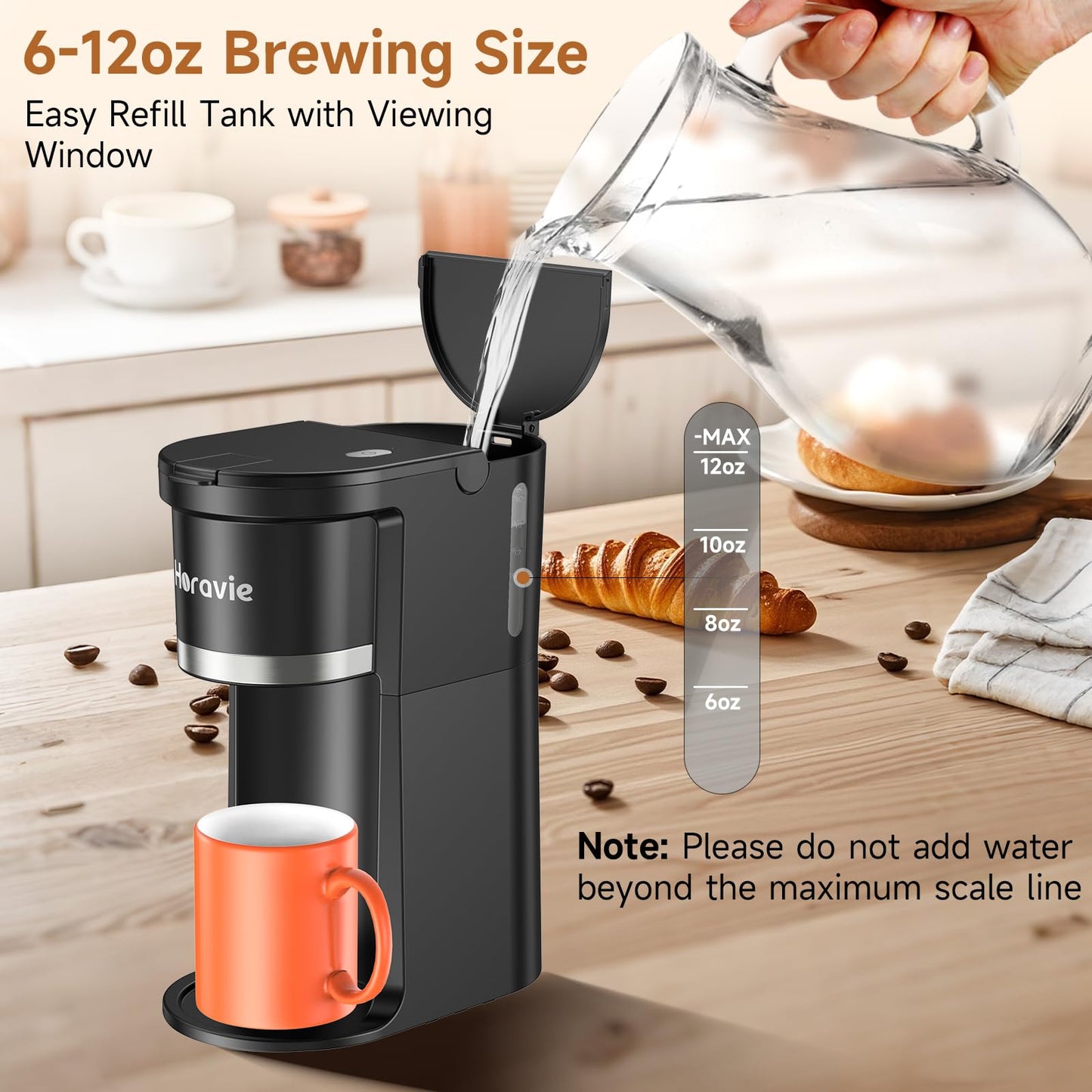 Horavie Small Single Serve Coffee Maker, Fast Brew One Cup Coffee Machine for K Cup and Grounds, 6 to 12 oz. Brew Sizes, Capsule Coffee Machine with Descaling Reminder and Viewing Tank, Black