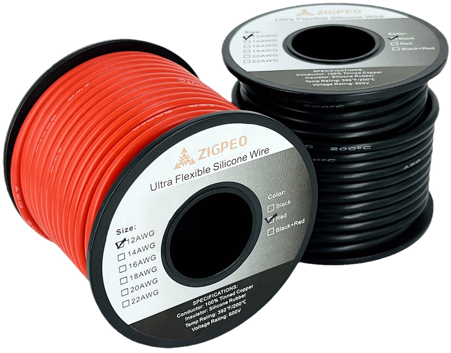ZIGPEO 12 AWG Silicone Wire 50FT, Extra Flexible 12 Gauge Stranded Copper Wire, High Temp 392℉ 600V - RC, Automotive, Battery | Tinned Copper Conductor - 25FT Red & 25FT Black Spools