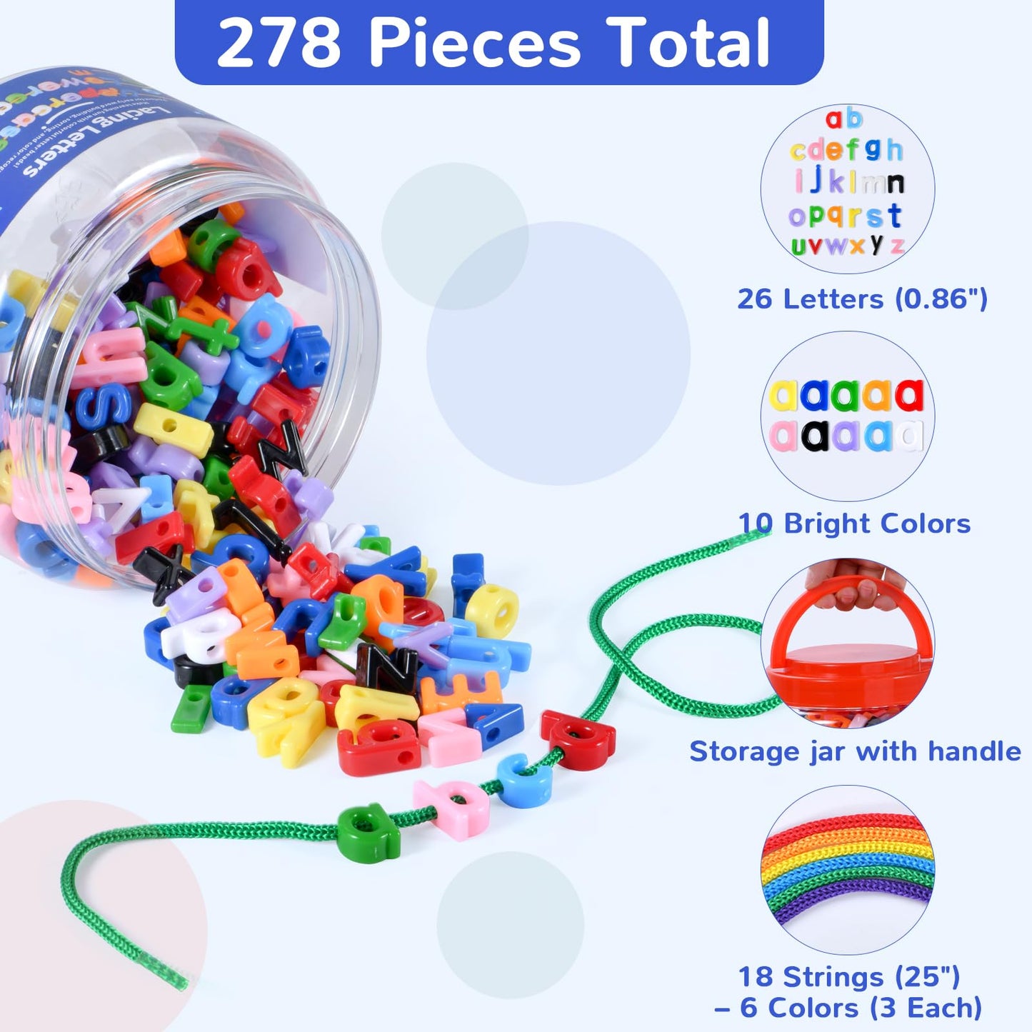 278 Pcs Lacing Letters Beads, 10 Color Alphabet Letter Beads Learning Toys with 18 Laces, Uppercase ABC Bead Letters Toys for Kids Ages 3+, Home Manipulatives for Preschoolers, Back to School Supplies