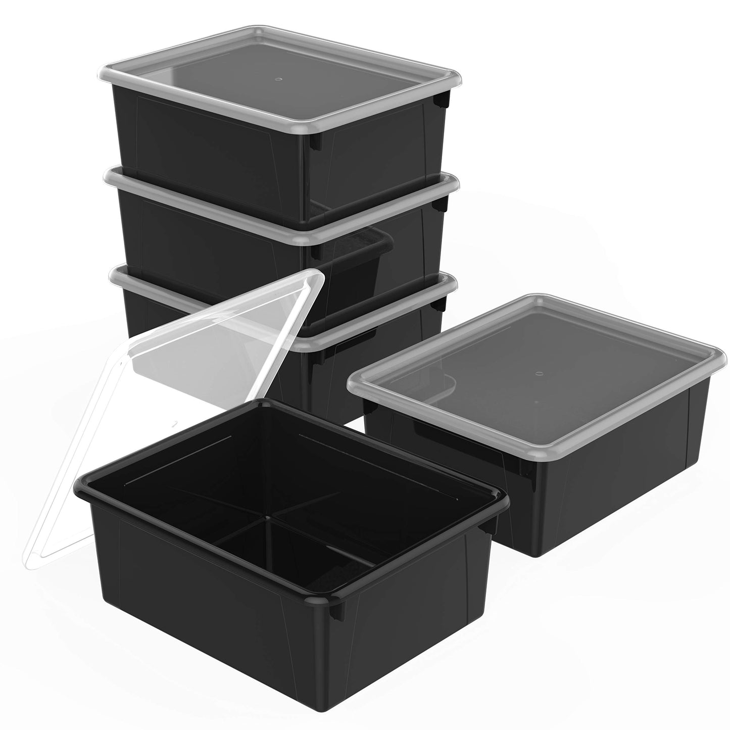 Storex Letter Size Deep Storage Tray – Organizer Bin with Non-Snap Lid for Classroom, Office and Home, Black, 5-Pack (62543U05C)
