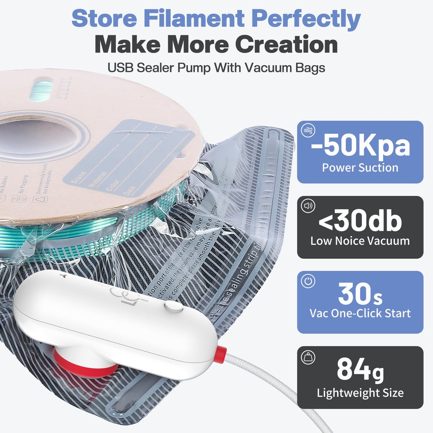 Vacbird 30pcs Filament Storage Bags Light-Proof Vacuum Storage Kit with USB Pump, 3D Printer Filament Vacuum Sealed Bags for Keeping Dry, Plus Size 32X34cm