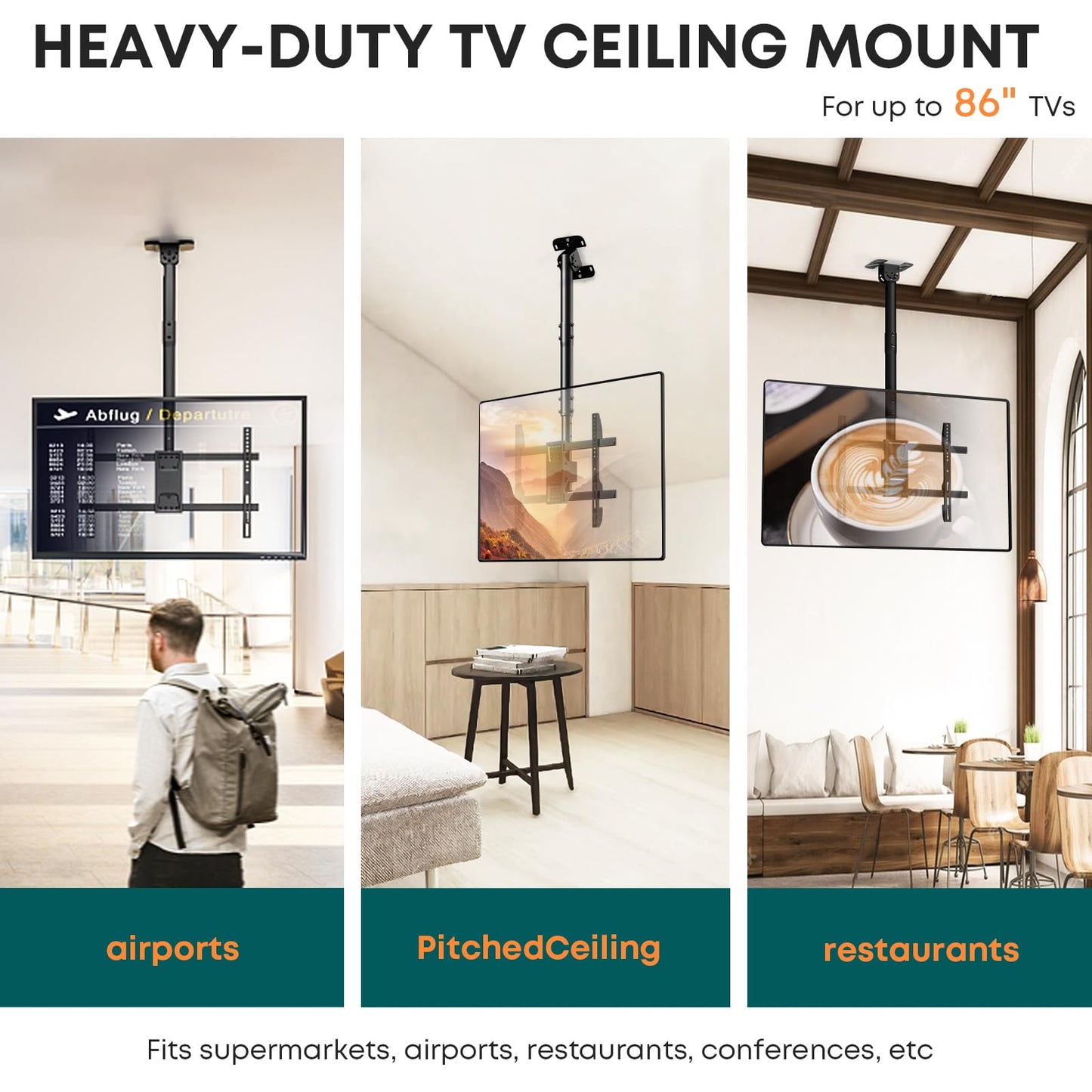 Ceiling TV Mount for 43-86 Screens, Hanging TV Bracket with Height Adjustable Pole Fits Most LCD LED OLED 4K TVs Supports up to 132lbs, Max VESA 600x400mm,Black