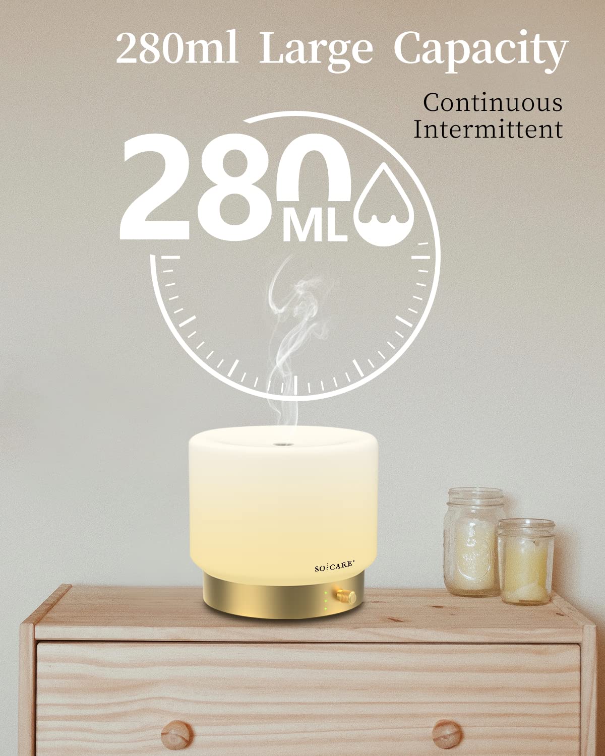 SOICARE Glass Diffuser with Luxury Alloy Base(Gold), All-in-one Room Decor Aromatherapy Oil Diffusers for Essential Oils, Air Scent Essential Oil Diffuser Humidifier,Dimmable Warm Light (280ML)