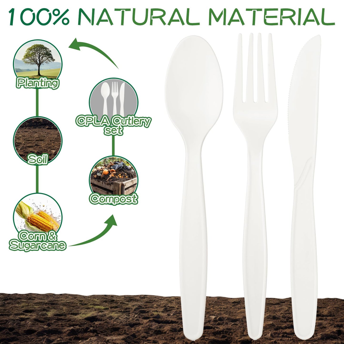 Honeydak Pre Rolled Napkin Cutlery Set 100% Compostable Utensils (200pcs, 50set) 7" Large Disposable Utensils Wrapped Forks Knives Spoons Napkins Cornstarch Silverware Cutlery for Party (White)