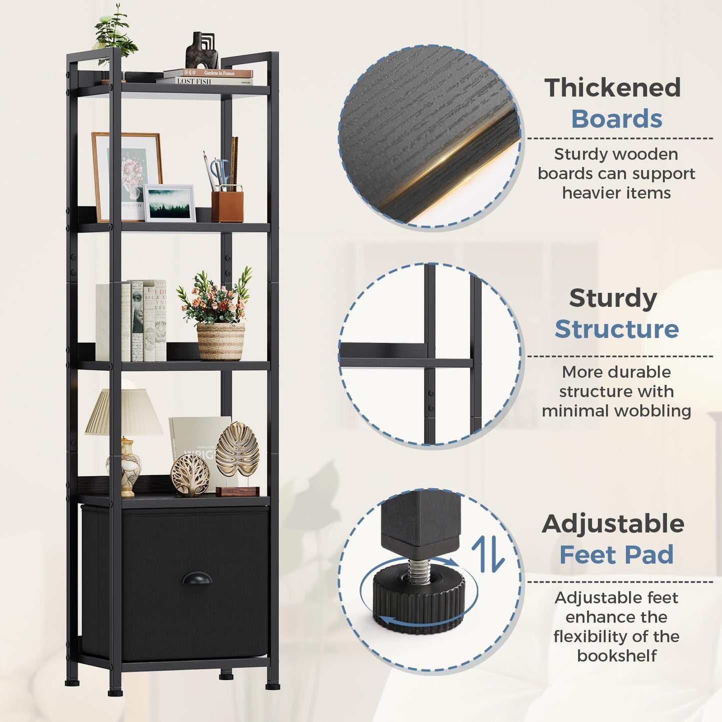 DUMOS 5 Tier Bookshelf with Fabric Drawer, Tall Industrial Bookcase, Narrow Display Standing Shelf, Wood and Metal Storage Shelf Organizer in Bedroom, Living Room, Modern Black
