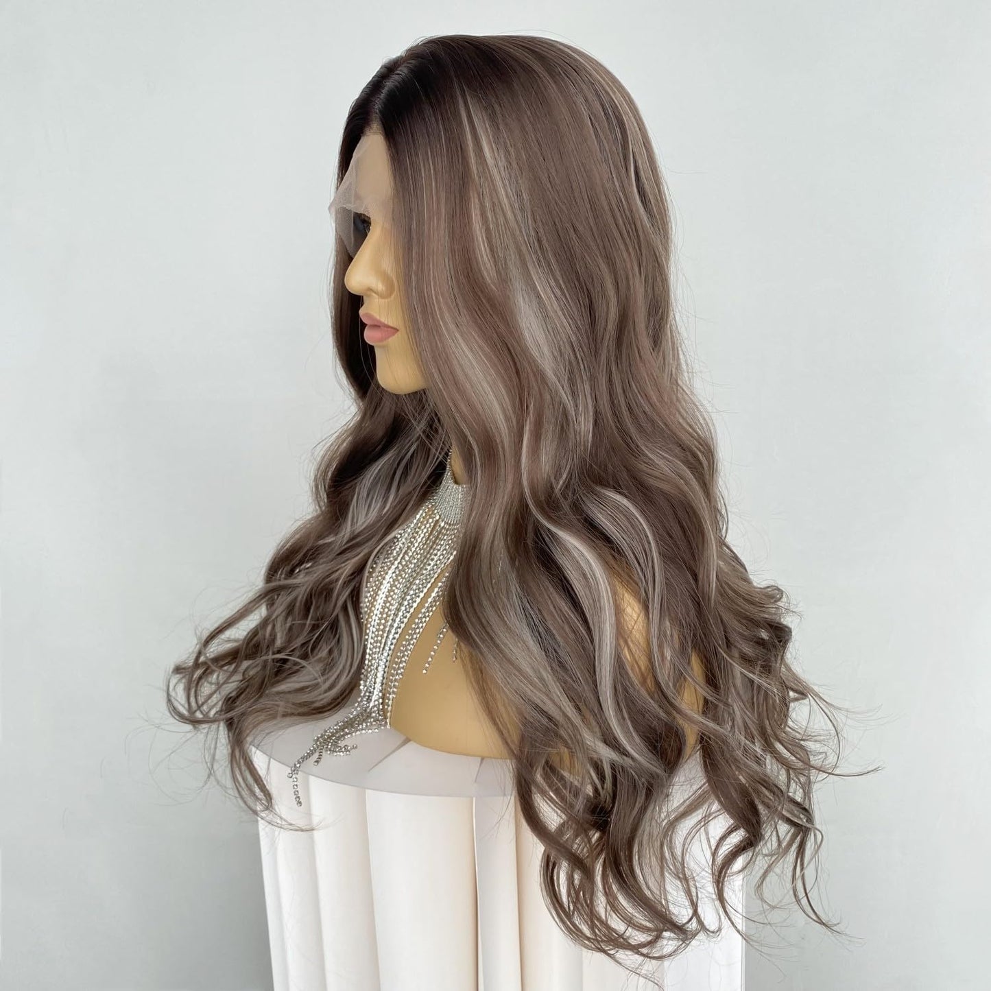 CIMITIKI Flaxen Brown Colour Lace Front Wigs Highlight Ash Blonde Hair 13x4 Long Loose Wavy Ombre Synthetic Fiber Wig 22Inch for Women