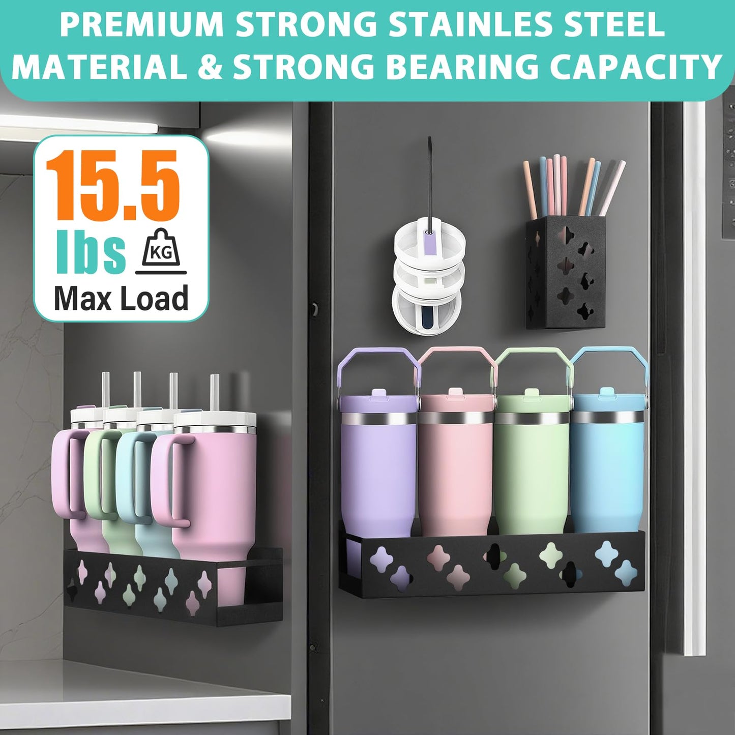 Magnetic Water Bottle Organizer for Fridge, Magnetic Cup Holder for Stanley 30 40 Oz with Tumbler Lid & Straw Organizer, 8 Tumblers Kitchen Storage Rack for Stanley Cup Accessories, Space-Saving