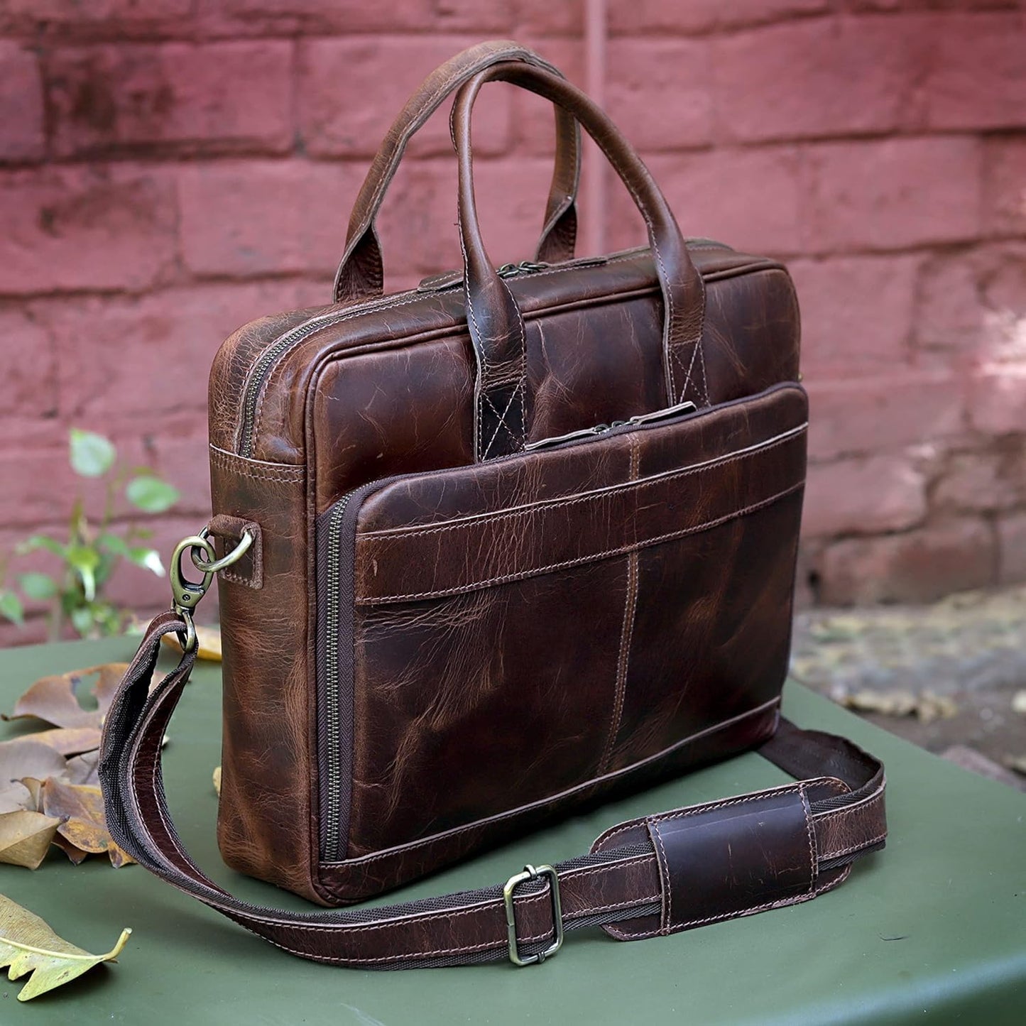 Vintage Handmade Leather Travel Messenger Office Crossbody Bag Laptop Briefcase Computer College Satchel Bag (18" Brown)