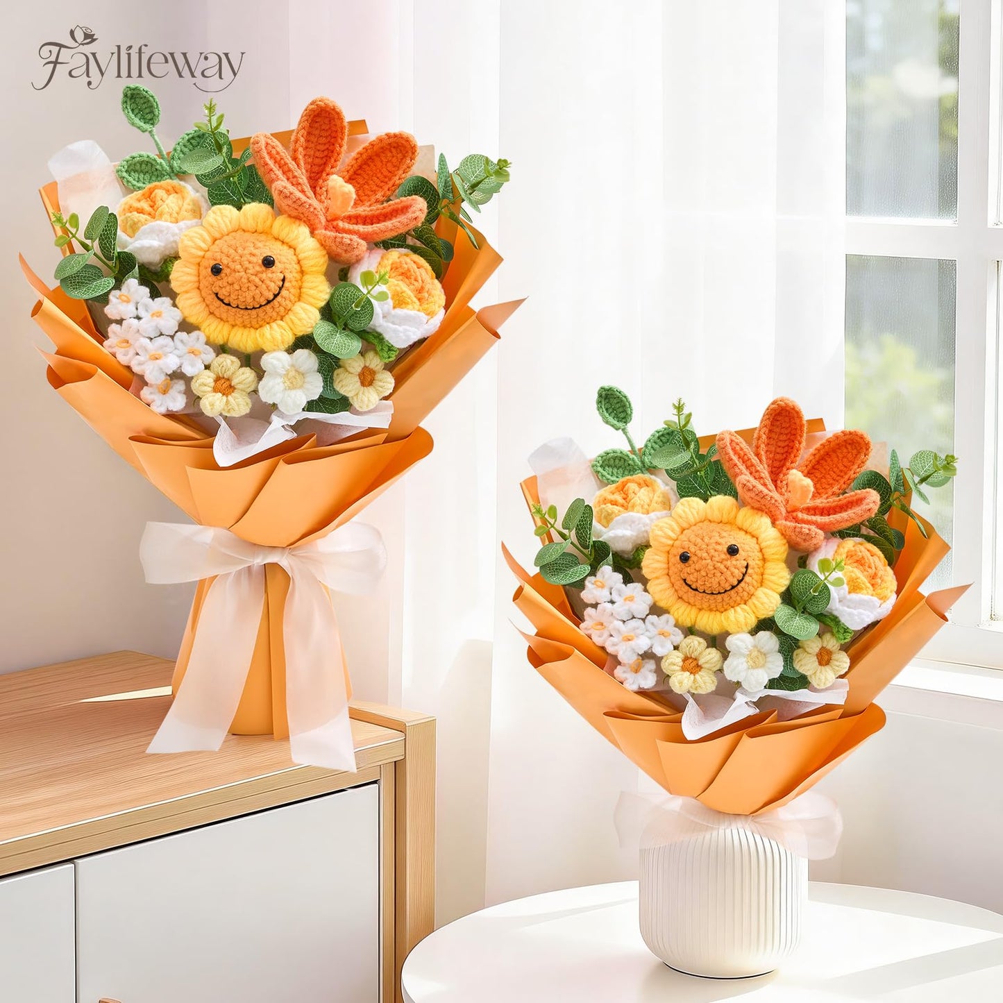 Faylifeway Crochet Flower Bouquet, Handmade Knitted Flowers,Orange Crochet Sunflower Bouquet for Lover Birthday, Anniversary, Wedding, Homecoming Gifts(Include Card)