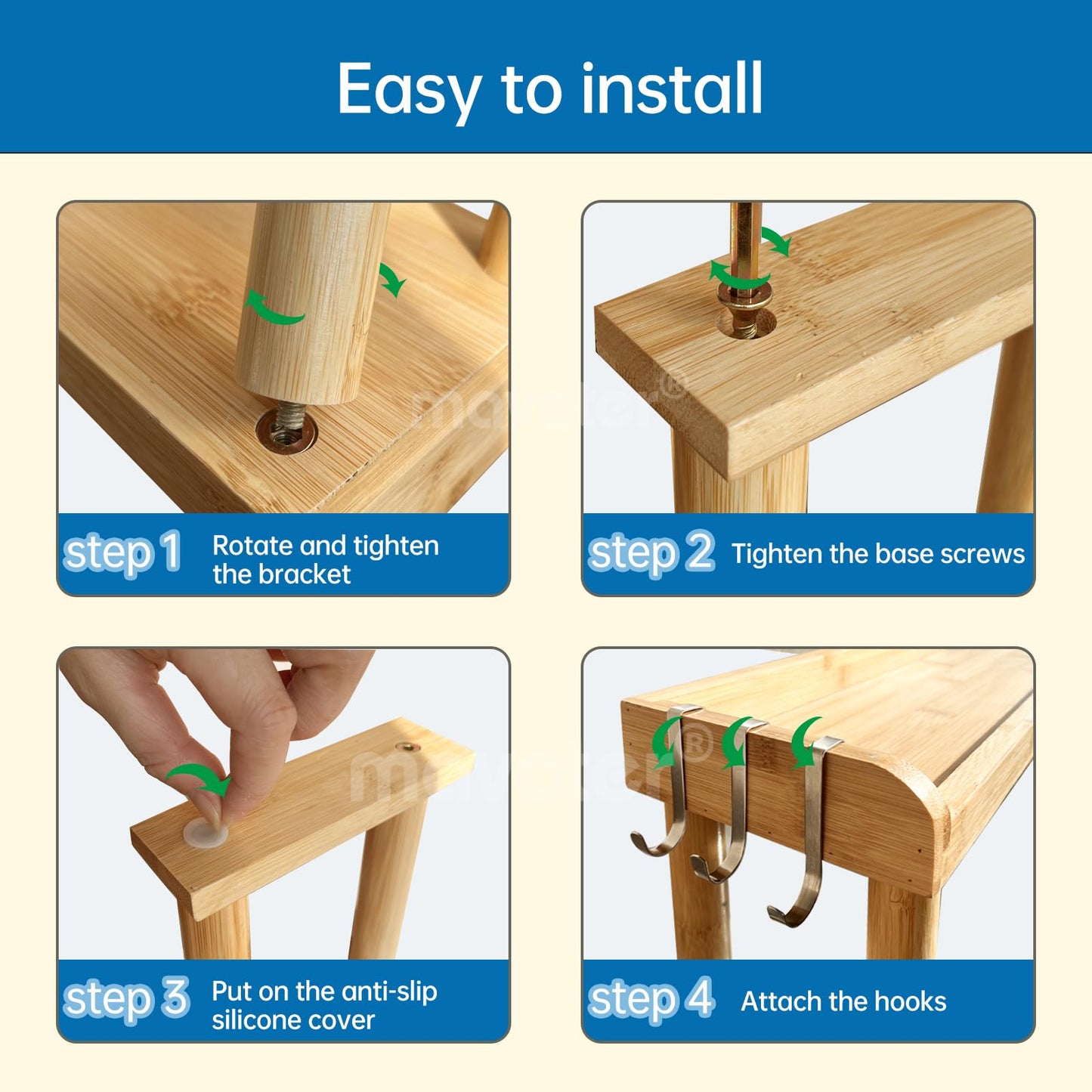 MAVOTER Over The Stove Top Shelf for Kitchen Bamboo Spice Rack Organizer for Back of Stove with Protective Lips & 6 Hooks,Easy Installation 33.5 * 4.5 * 13.4”